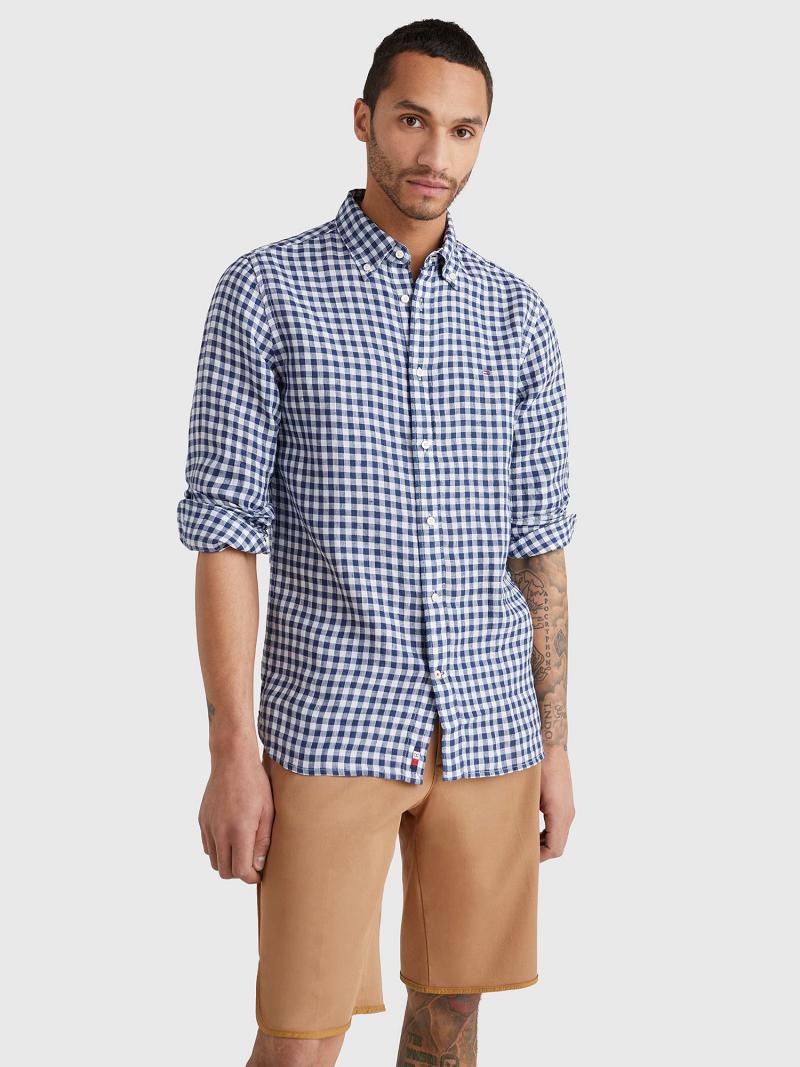 Férfi Tommy Hilfiger Regular fit gingham linen Ingek Kék | HU 1055BEX